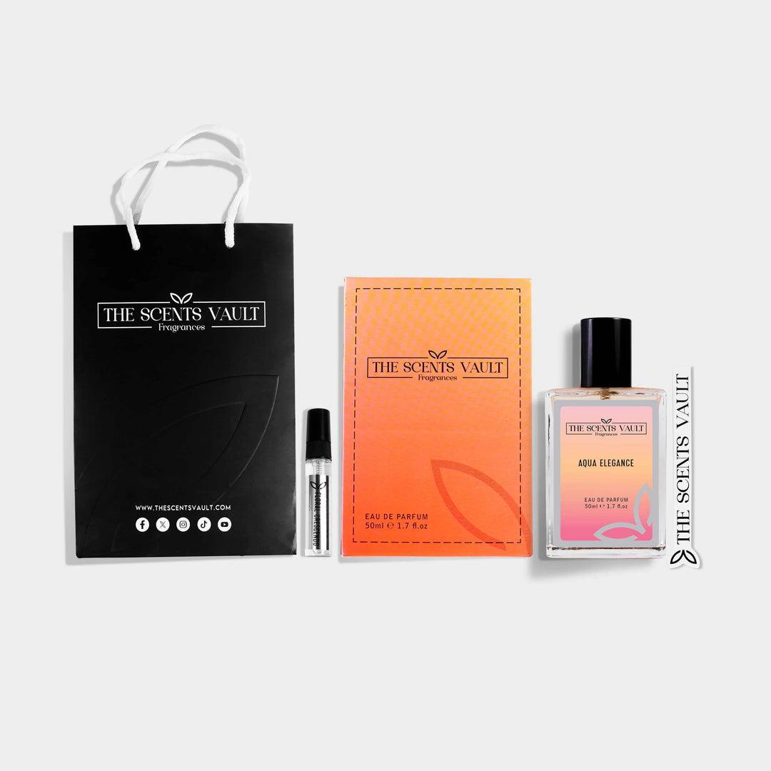 The Scents Vault Aqua Elegance fragrance set with bottle, tester vial, gift bag, branded strip, and gradient box.