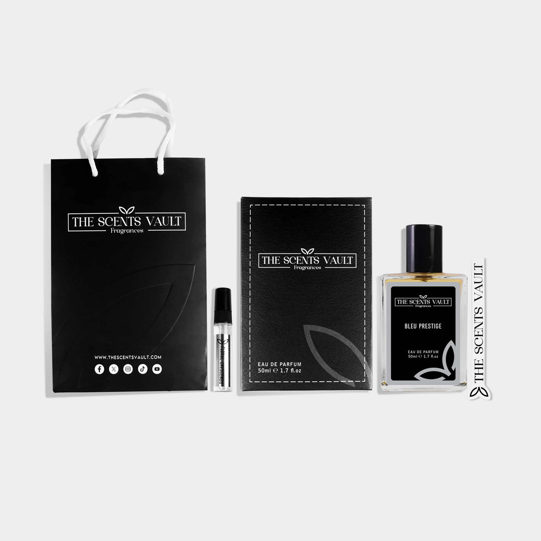 Bleu Prestige Eau de Parfum (50ml) from The Scents Vault, displayed with packaging, travel spray, and box, all on a white background.