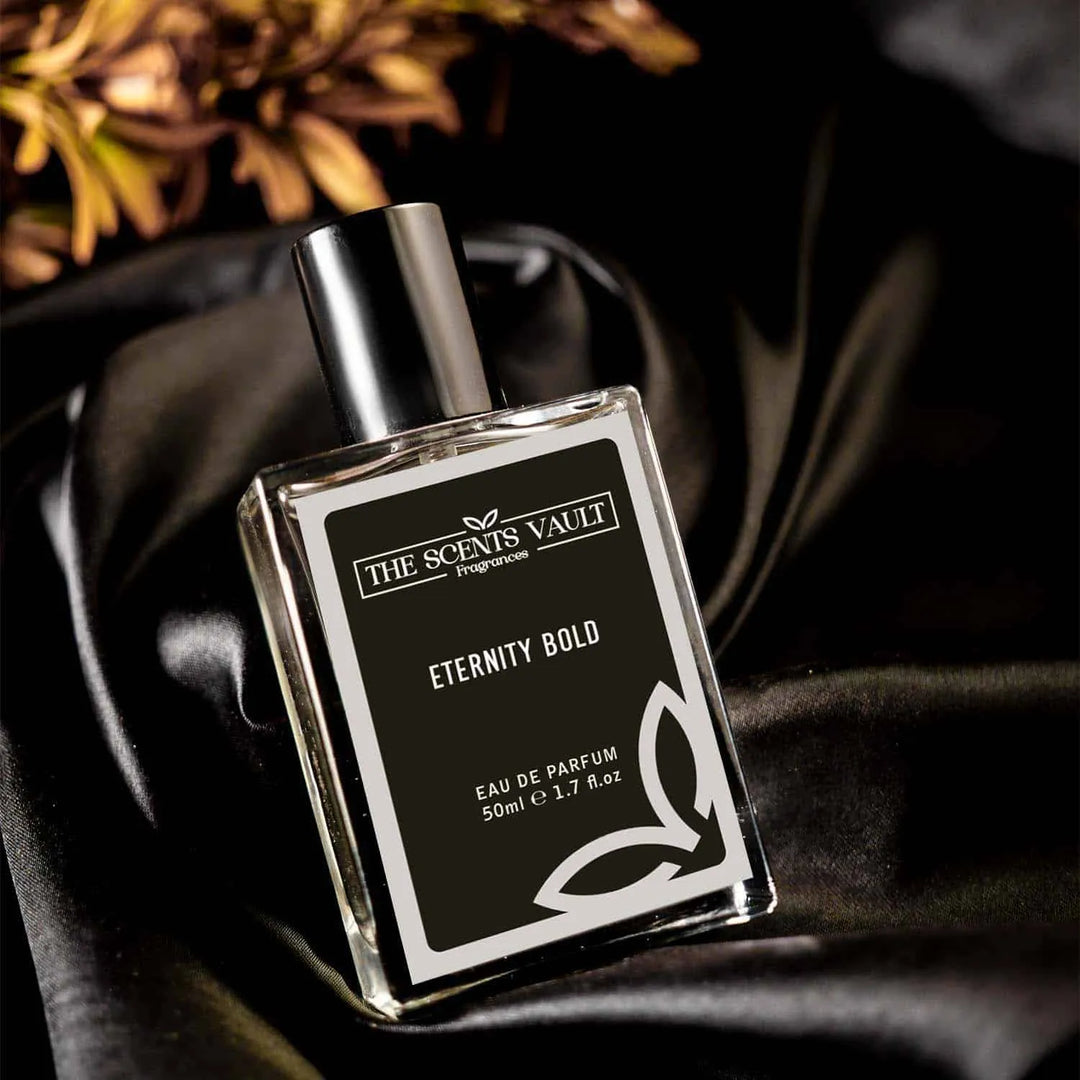 Eternity Bold Eau de Parfum (50ml) from The Scents Vault, elegantly displayed on a satin surface with soft lighting, enhancing its luxurious and bold fragrance.