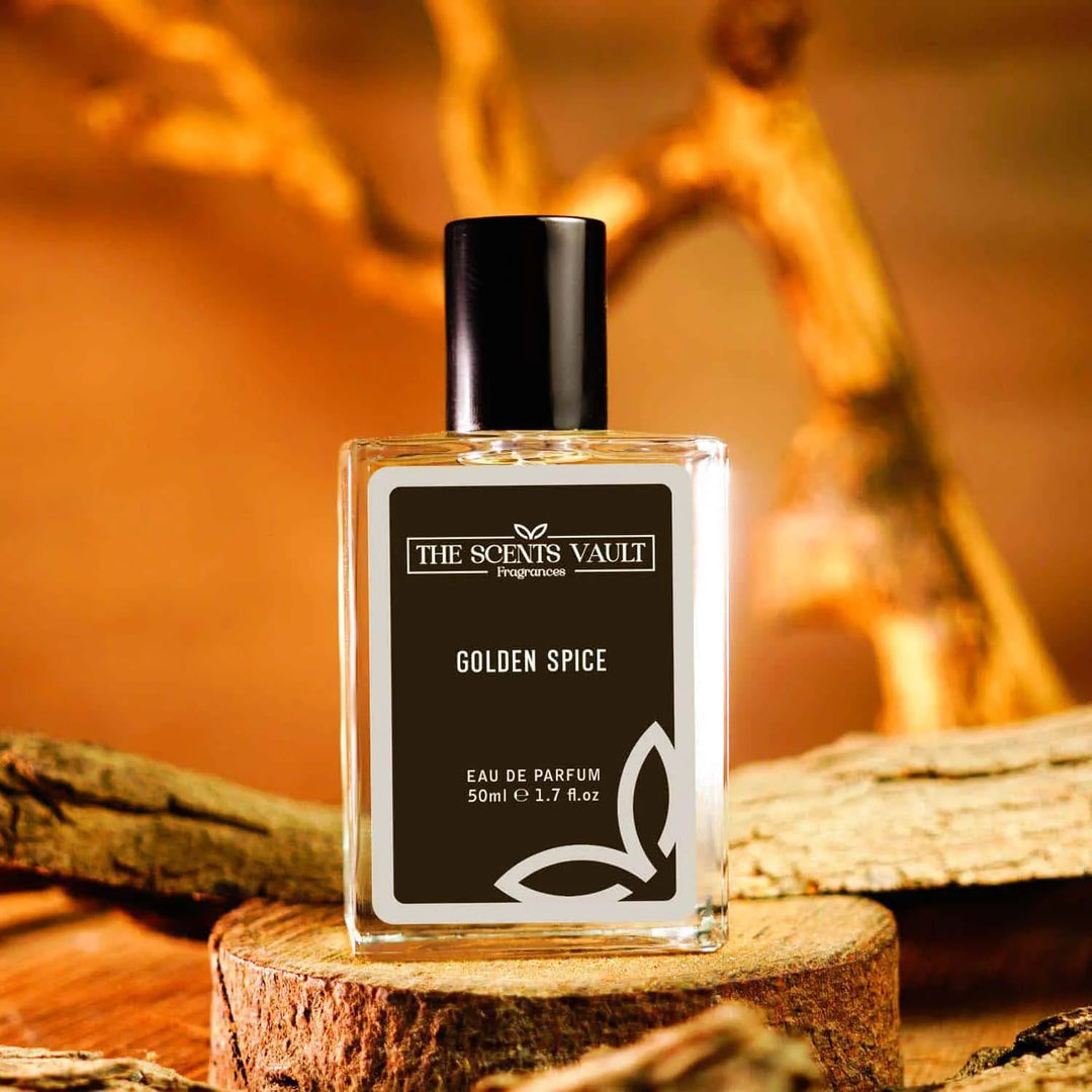 Golden Spice Eau de Parfum (50ml) from The Scents Vault, displayed on a wooden surface with a warm backdrop.