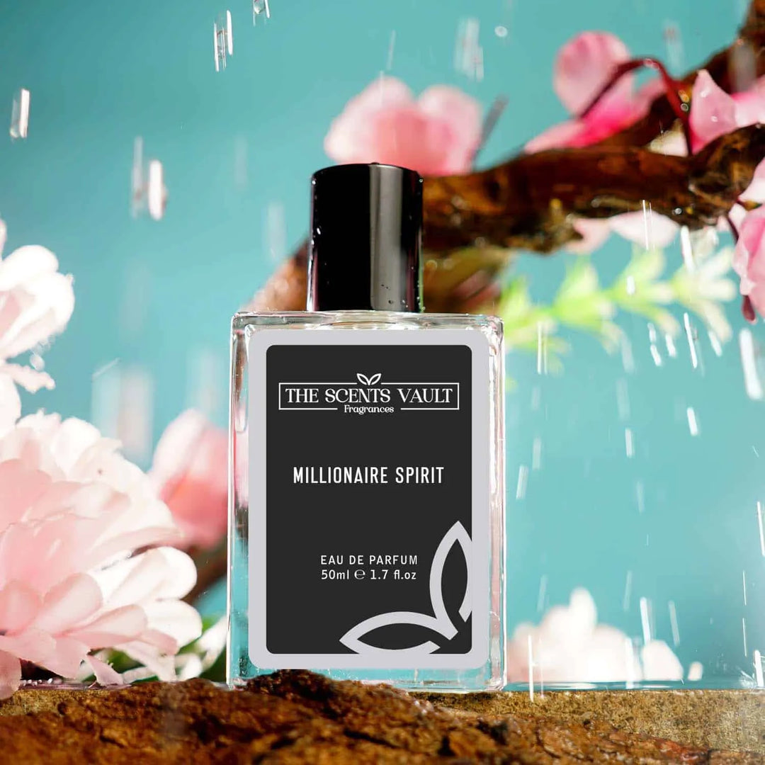 Millionaire Spirit Eau de Parfum (50ml) from The Scents Vault, showcased with a vibrant background of flowers and raindrops.