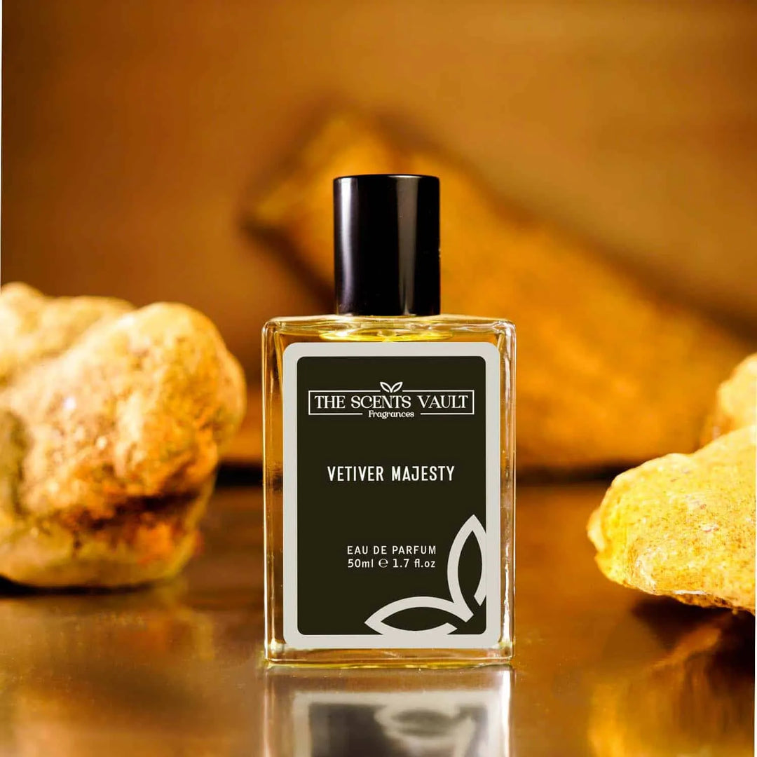 Vetiver Majesty eau de parfum by The Scents Vault, placed on textured stone background, 50ml bottle.