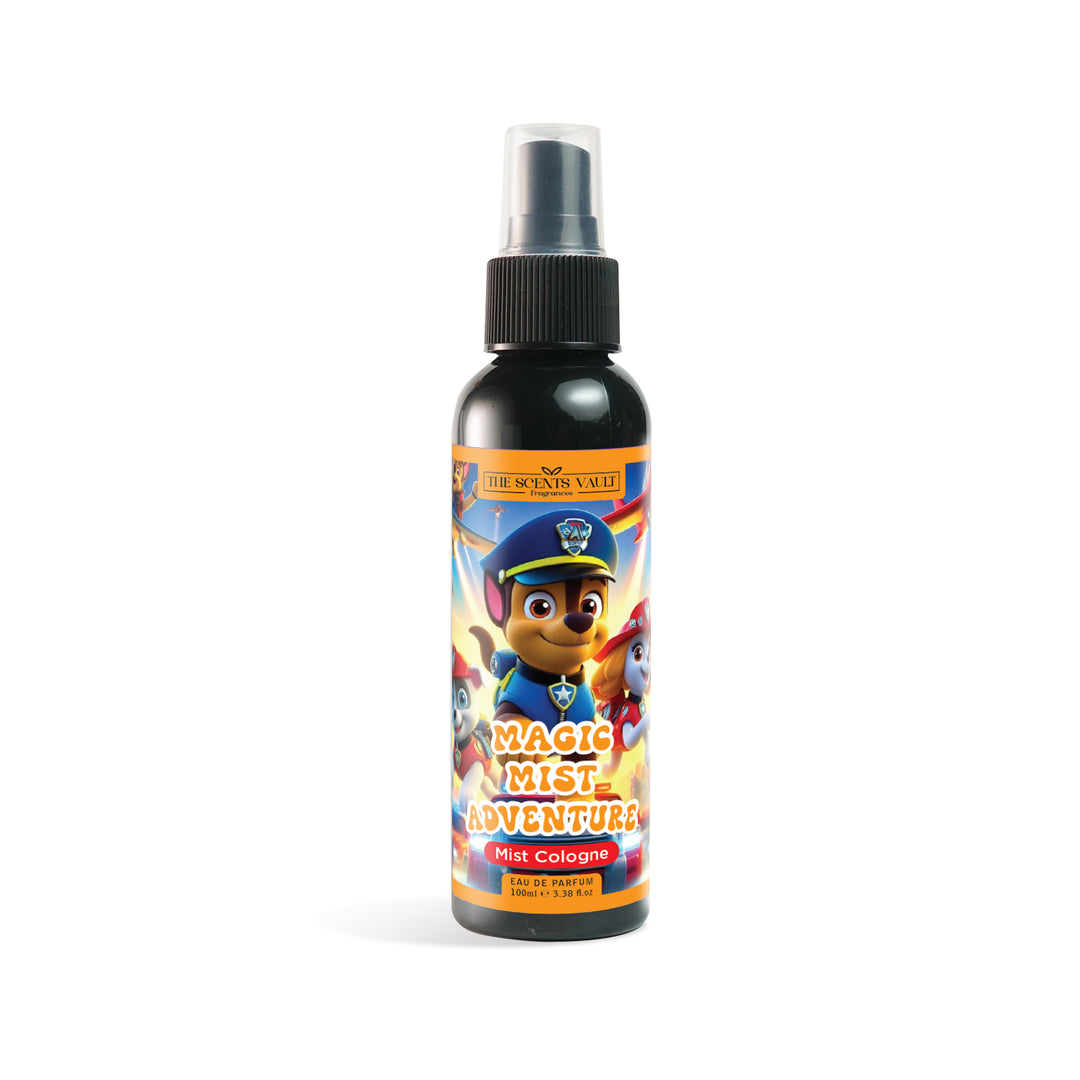 A bottle of Magic Mist Adventure fragrance with cartoon character branding.