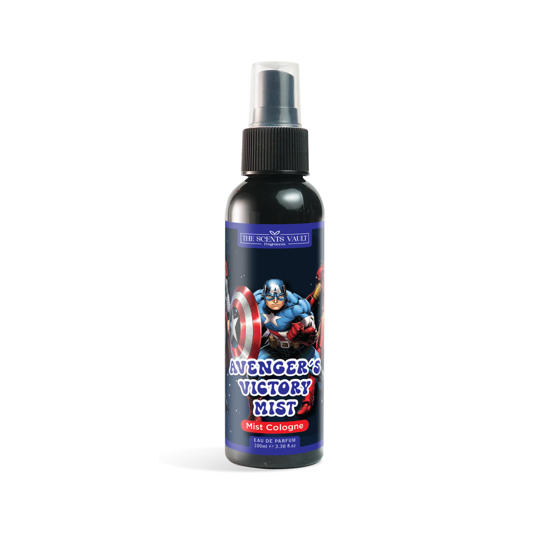 A bottle of Avenger’s Victory Mist fragrance with a label featuring Captain America and the product name.