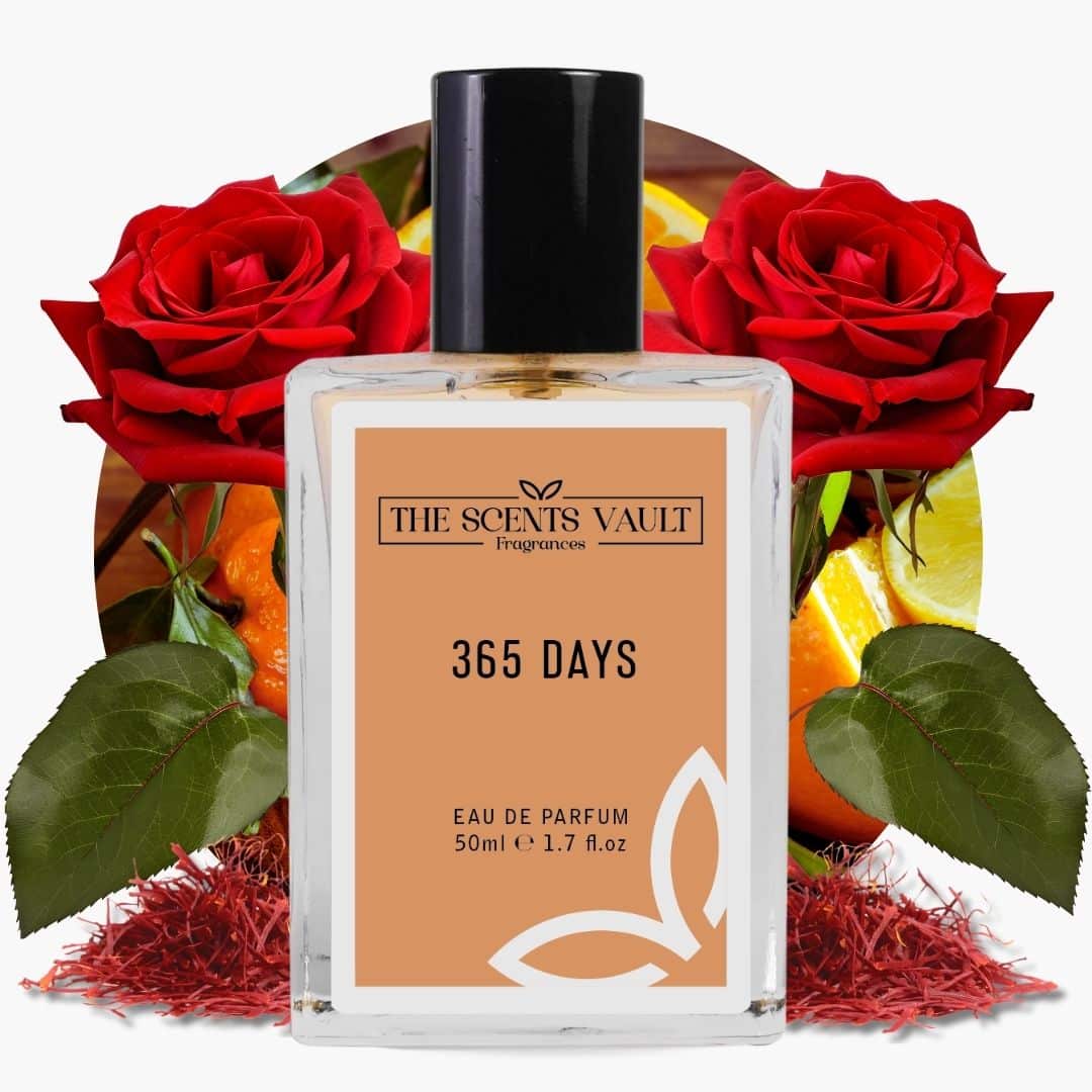 Perfume bottle labeled '365 Days' by 'The Scents Vault' with red roses and oranges in the background.