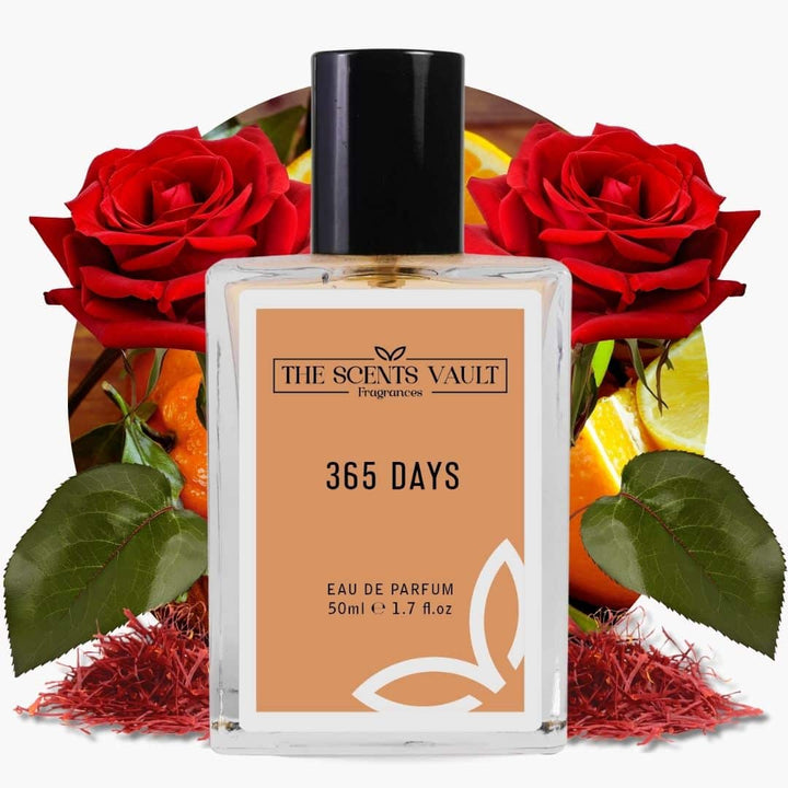 Perfume bottle labeled '365 Days' by 'The Scents Vault' with red roses and oranges in the background.