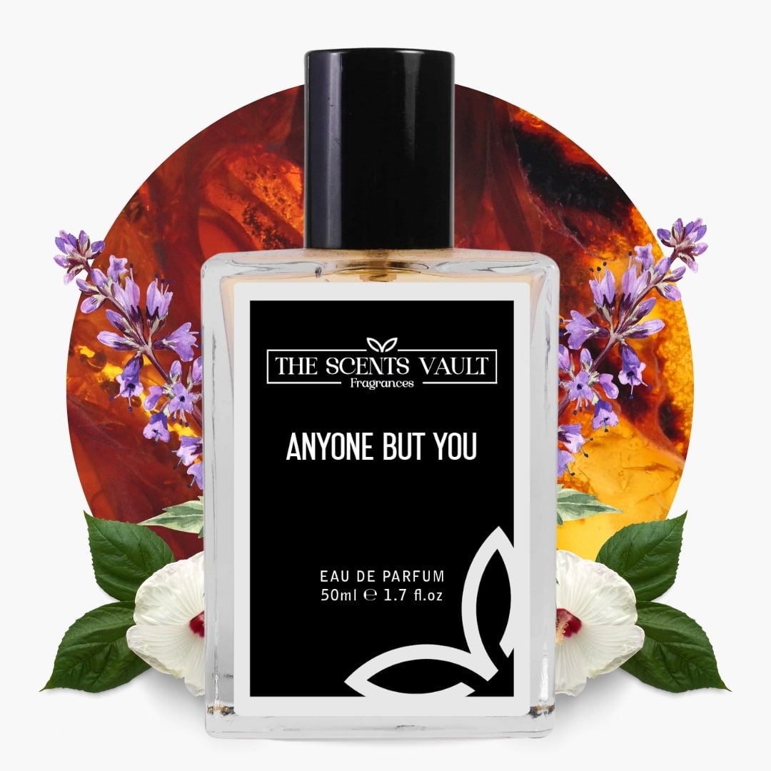 Anyone But You Eau de Parfum (50ml) from The Scents Vault, showcased with floral and amber background elements.