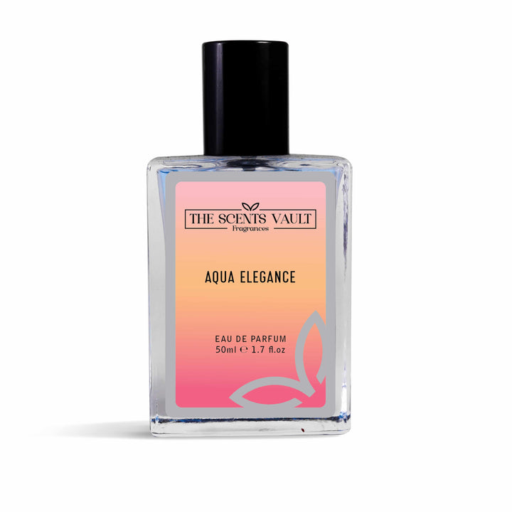 Perfume bottle labeled 'Aqua Elegance' by 'The Scents Vault' on a white background