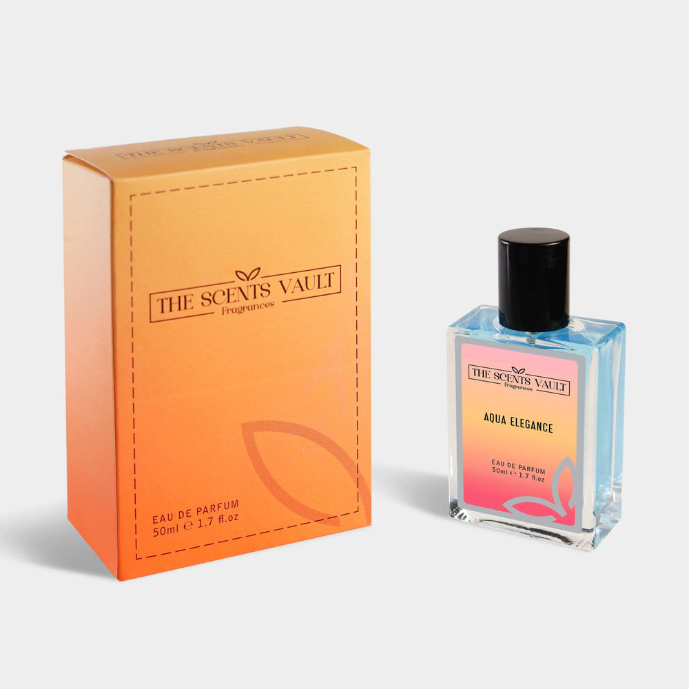 The Scents Vault Aqua Elegance perfume bottle with matching orange-pink gradient box, 50ml eau de parfum.