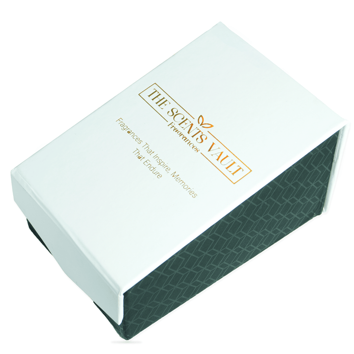 White box with green textured corner and 'The Scents Vault' branding on a white background
