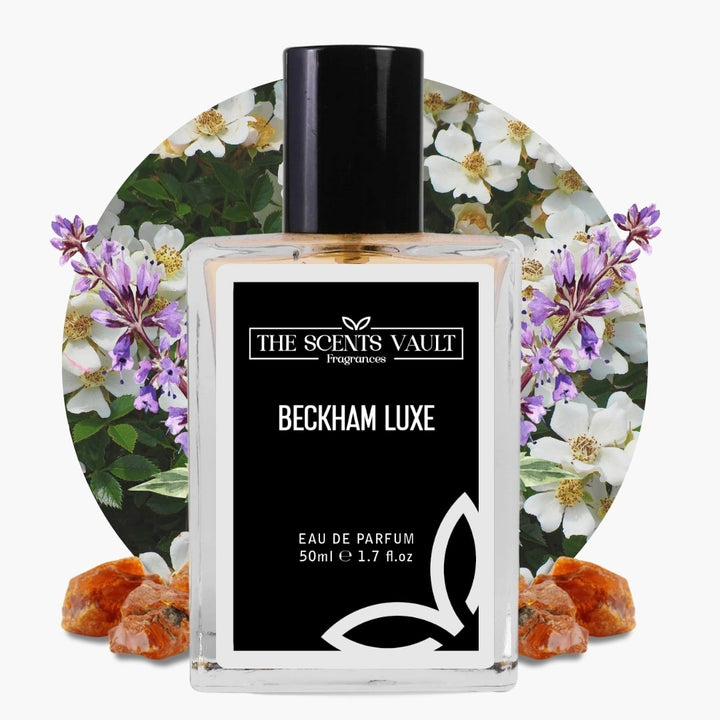 Beckham Luxe Eau de Parfum (50ml) from The Scents Vault, featuring floral and resinous notes, presented with a botanical background.