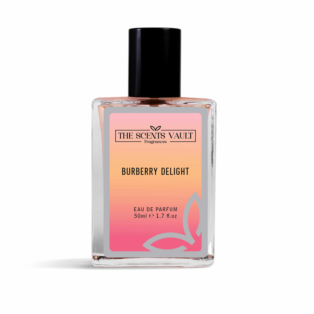 Perfume bottle labeled 'Burberry Delight' by 'The Scents Vault' on a white background