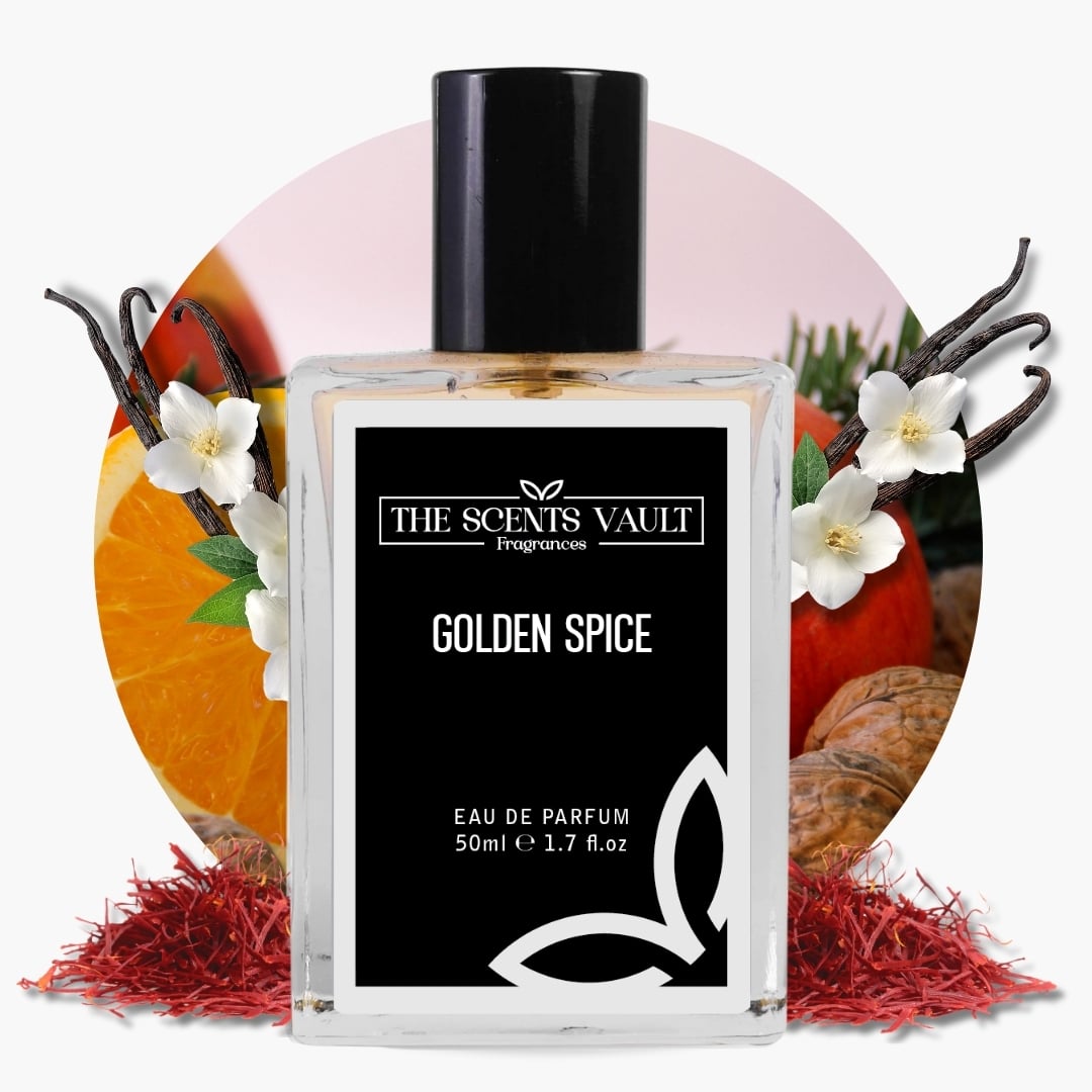 Golden Spice Eau de Parfum (50ml) from The Scents Vault, displayed with a background of orange, vanilla, and floral elements.