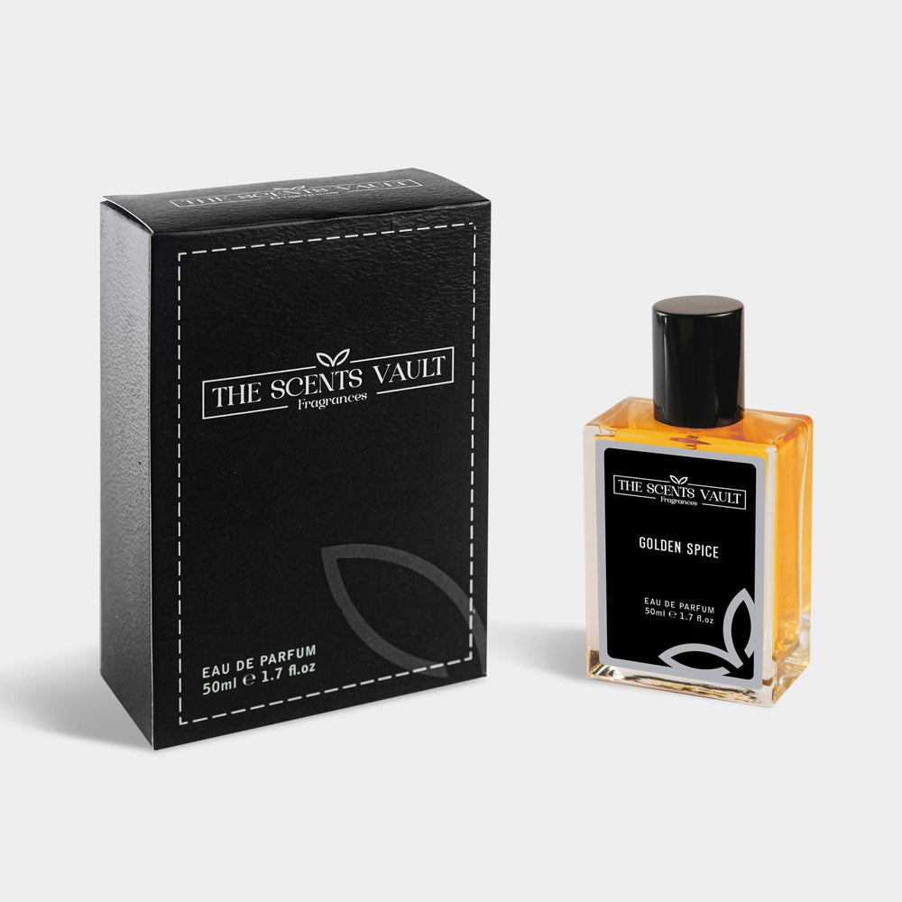 Golden Spice Eau de Parfum (50ml) from The Scents Vault, shown with its black box packaging.