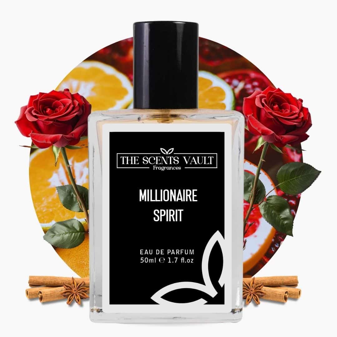 Millionaire Spirit Eau de Parfum (50ml) from The Scents Vault, featuring a bottle surrounded by rose petals, cinnamon sticks, and a citrus backdrop.