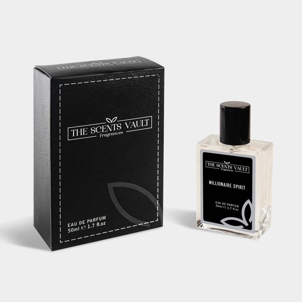 Millionaire Spirit Eau de Parfum (50ml) from The Scents Vault, with a sleek bottle and black packaging, emphasizing elegance.