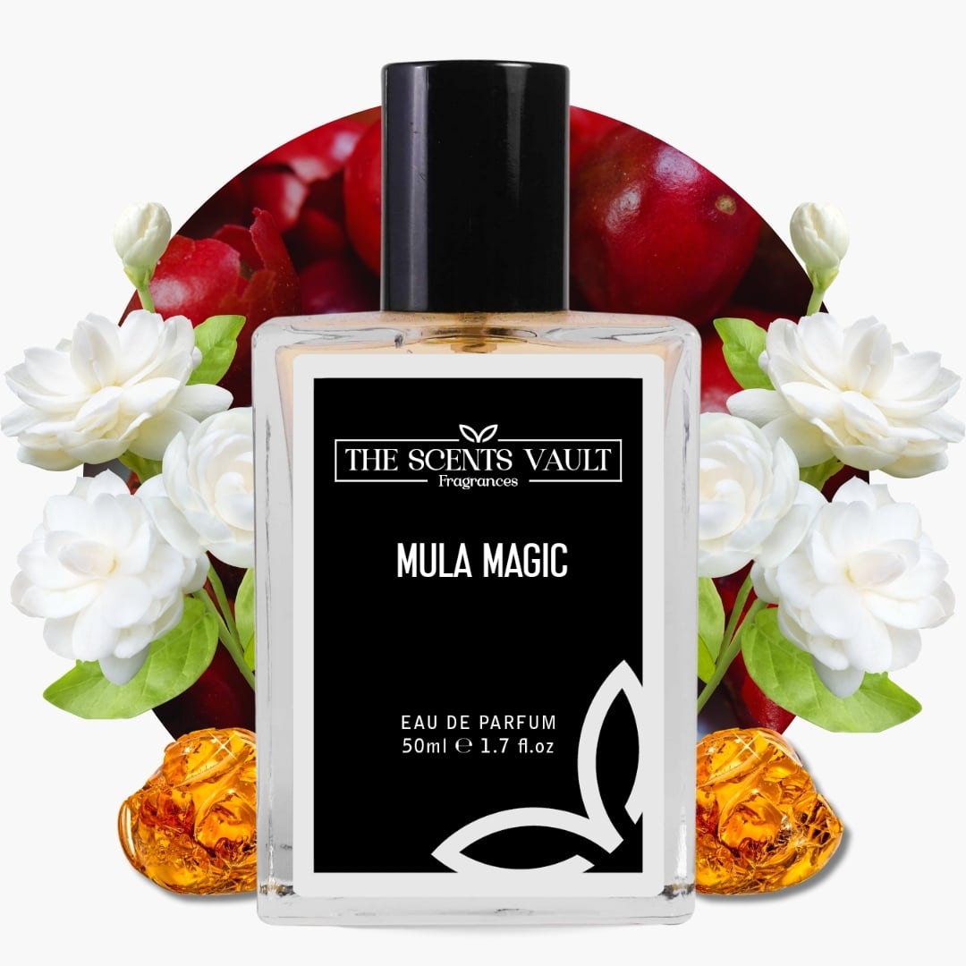 Mula Magic Eau de Parfum (50ml) from The Scents Vault, surrounded by jasmine flowers, red berries, and golden accents.