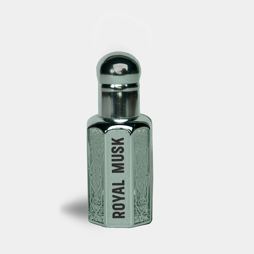 Silver and gray Royal Musk perfume bottle on a light gray background 12ml