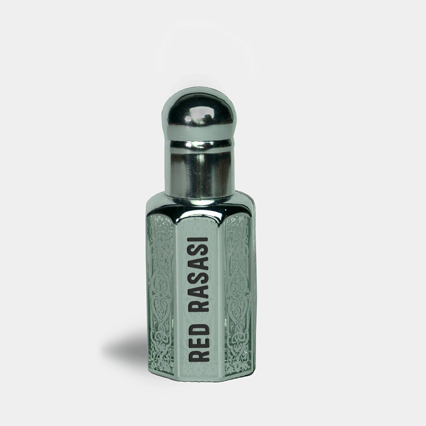 Silver perfume bottle with 'Red Rasasi' branding on a white background