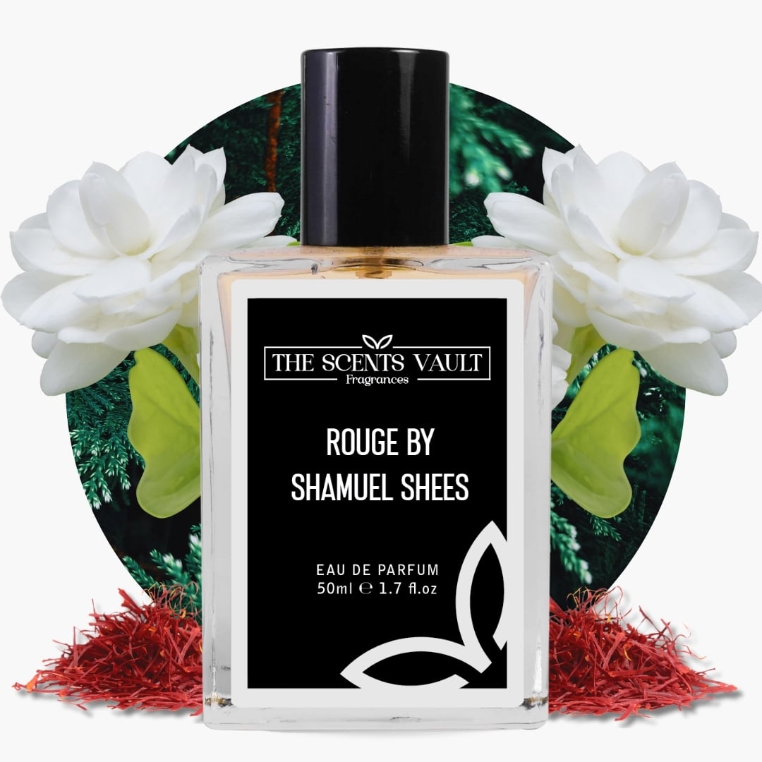 Rouge by Shamuell Shees Eau de Parfum (50ml) from The Scents Vault, featuring a glass bottle with a black cap, surrounded by white flowers and red saffron accents.