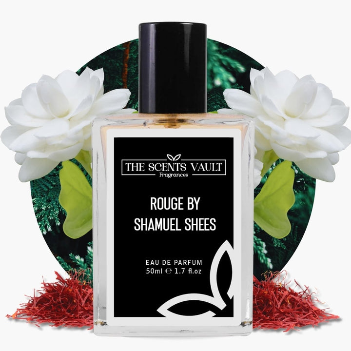 Rouge by Shamuell Shees Eau de Parfum (50ml) from The Scents Vault, featuring a glass bottle with a black cap, surrounded by white flowers and red saffron accents.
