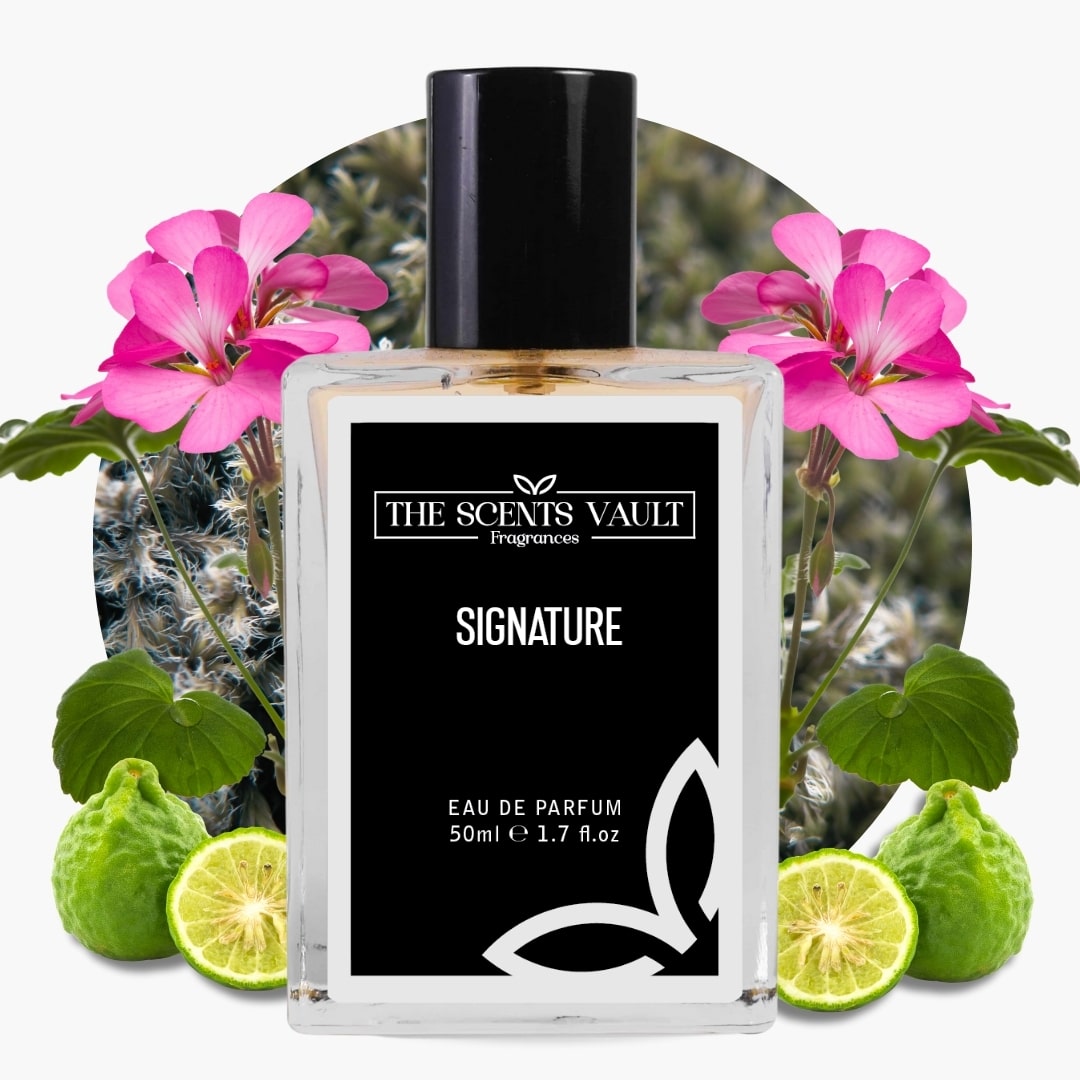Signature perfume by The Scents Vault, surrounded by geranium flowers, kaffir lime, and fresh green leaves.