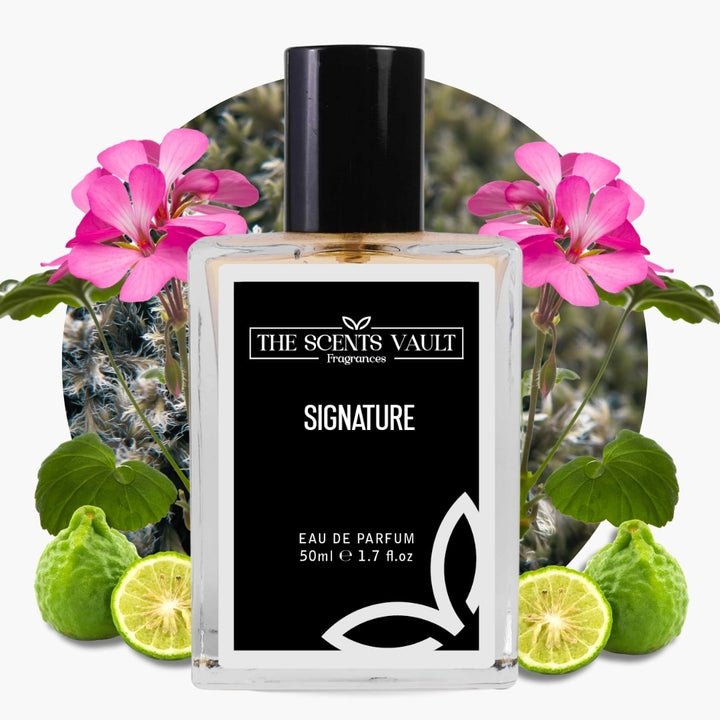 Signature perfume by The Scents Vault, surrounded by geranium flowers, kaffir lime, and fresh green leaves.