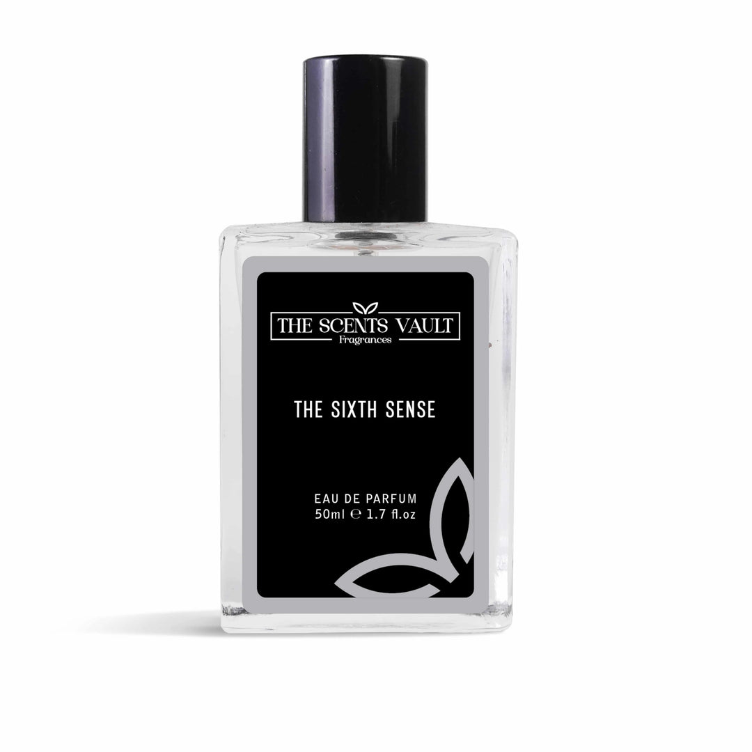 Perfume bottle labeled 'The Sixth Sense' from 'The Scents Vault' on a white background