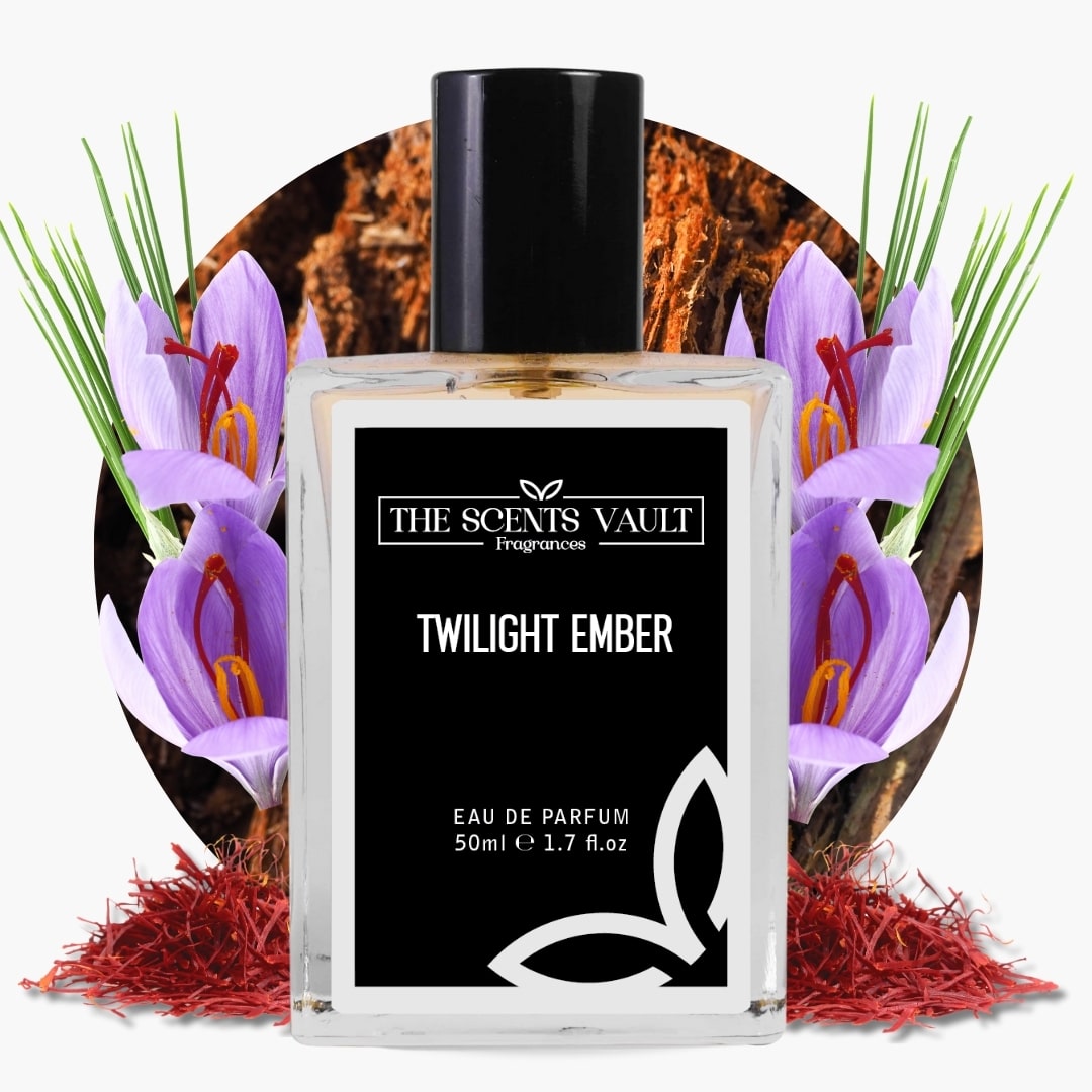 Twilight Ember perfume by The Scents Vault with saffron strands, purple crocus flowers, and rich woody background.