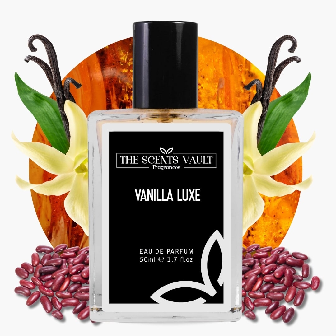Vanilla Luxe perfume by The Scents Vault, surrounded by vanilla beans, red beans, and amber background.