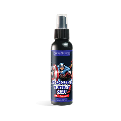 A bottle of Avenger’s Victory Mist fragrance with a label featuring Captain America and the product name.