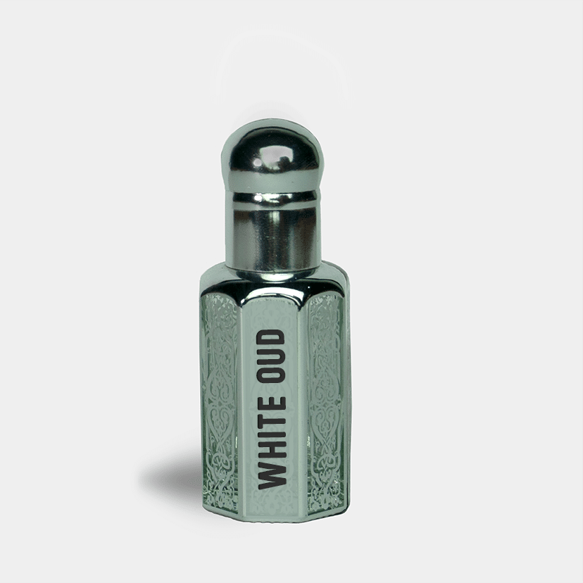 Silver and gray perfume bottle labeled 'White Oud' on a light gray background