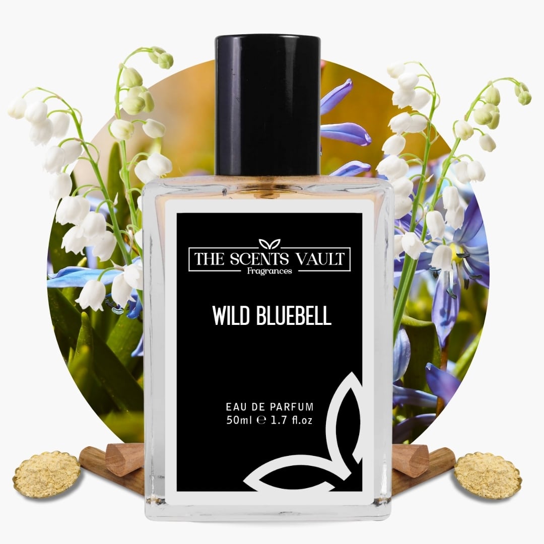 Wild Bluebell perfume by The Scents Vault, showcased with blooming bluebell flowers, lily of the valley, sandalwood, and powder accents.