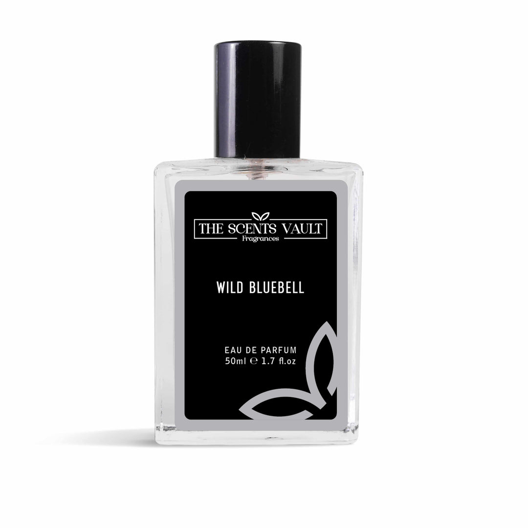 Perfume bottle labeled 'Wild Bluebell' from 'The Scents Vault' on a white background