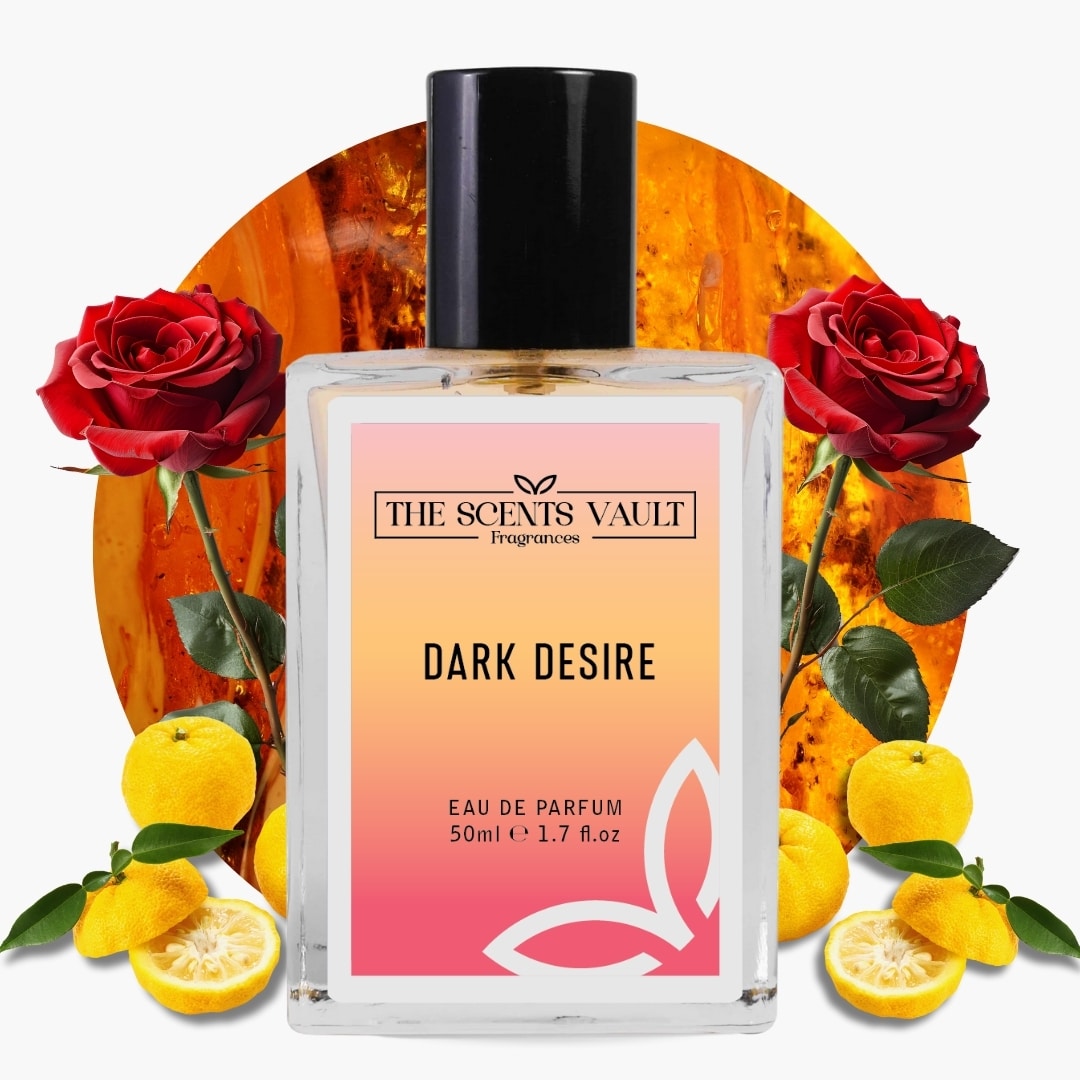 Perfume bottle labeled 'Dark Desire' by The Scents Vault with roses and lemons on a white background