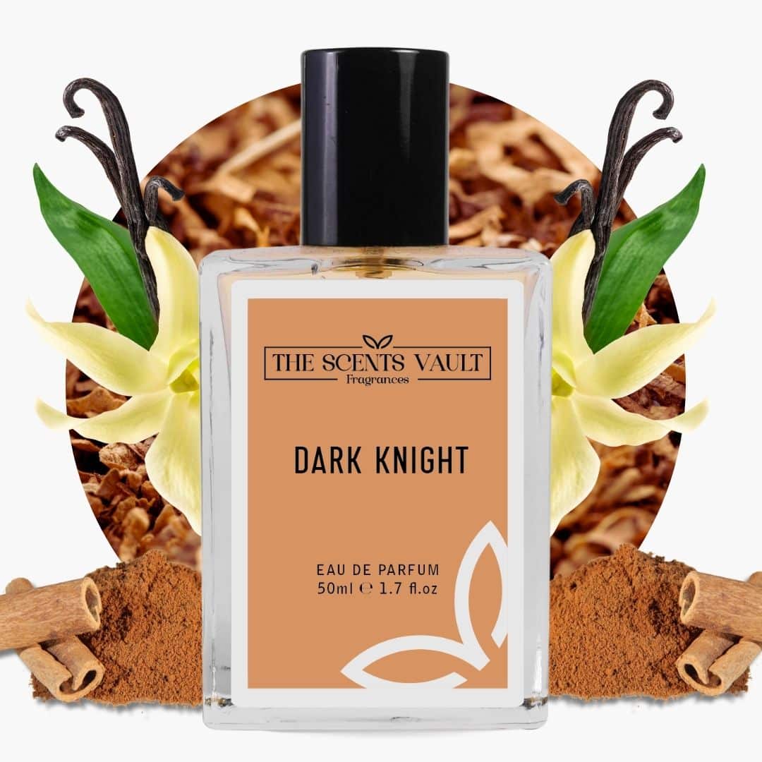 Perfume bottle labeled 'Dark Knight' by 'The Scents Vault' with vanilla beans and cinnamon sticks on a white background.