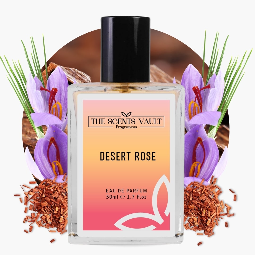 Desert Rose perfume bottle by The Scents Vault with desert-themed design elements.
