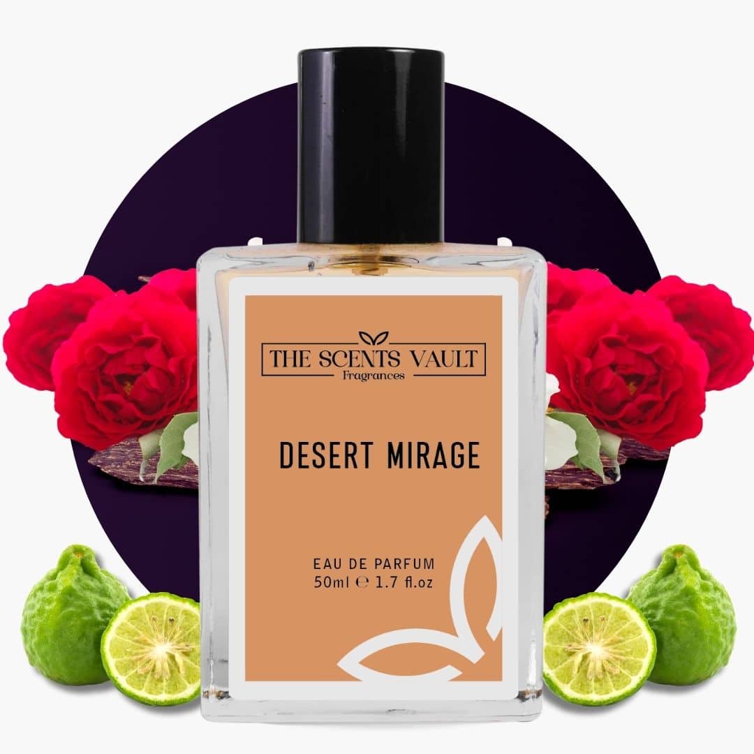 Perfume bottle labeled 'Desert Mirage' by 'The Scents Vault' with red flowers and limes in the background.