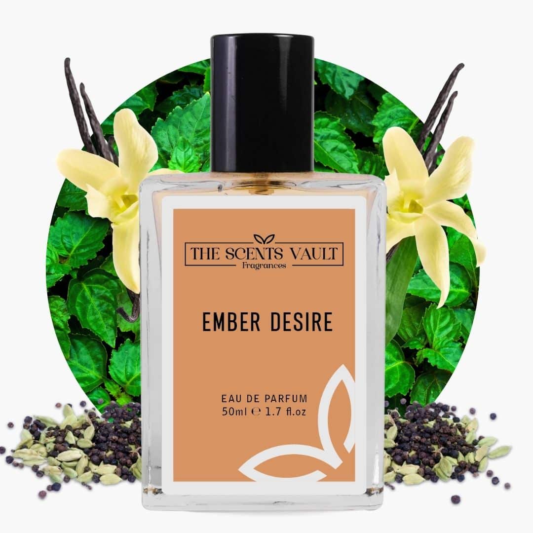 Perfume bottle labeled 'Ember Desire' by 'The Scents Vault' with floral and leaf background