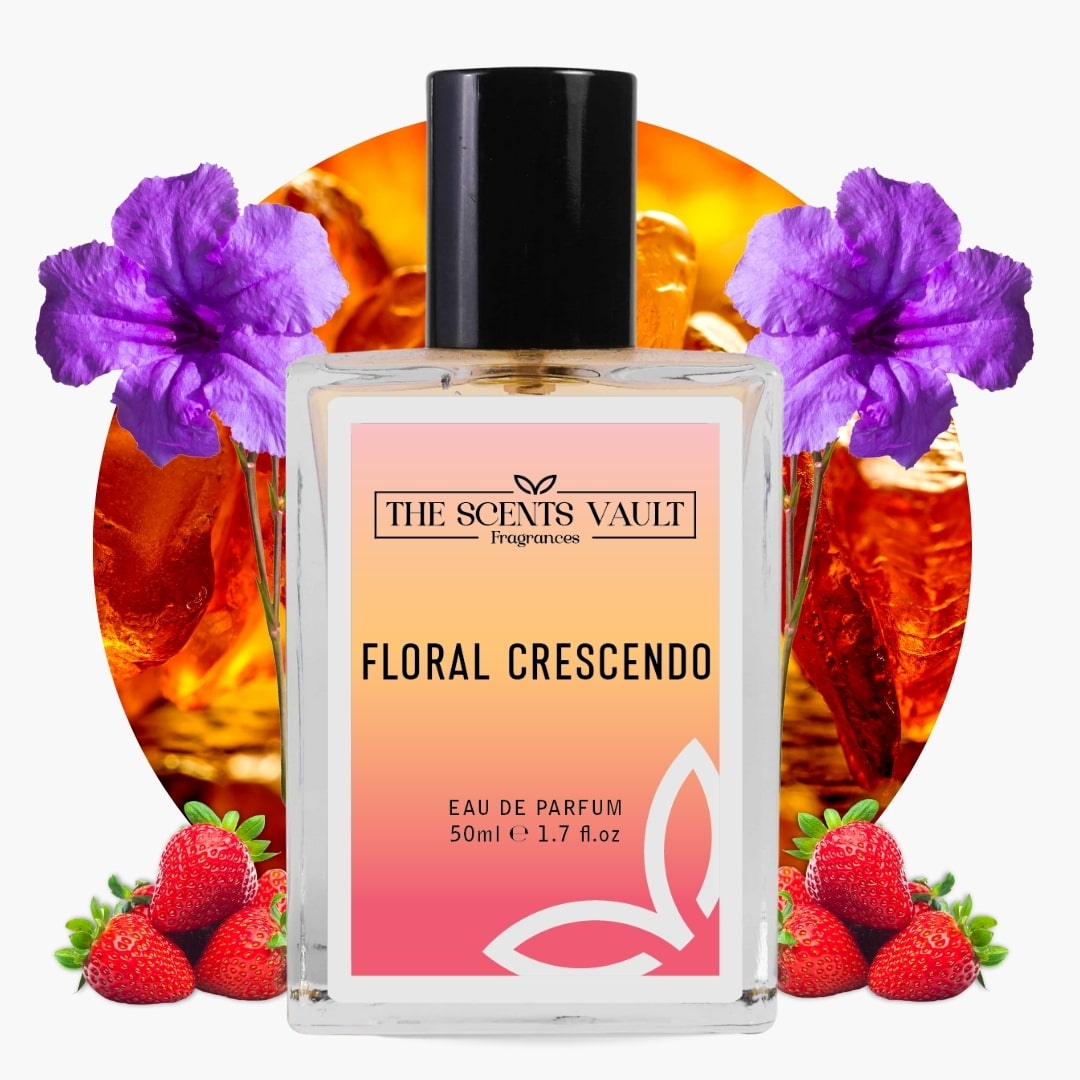 Perfume bottle labeled 'Floral Crescendo' by The Scents Vault with flowers and strawberries on a white background