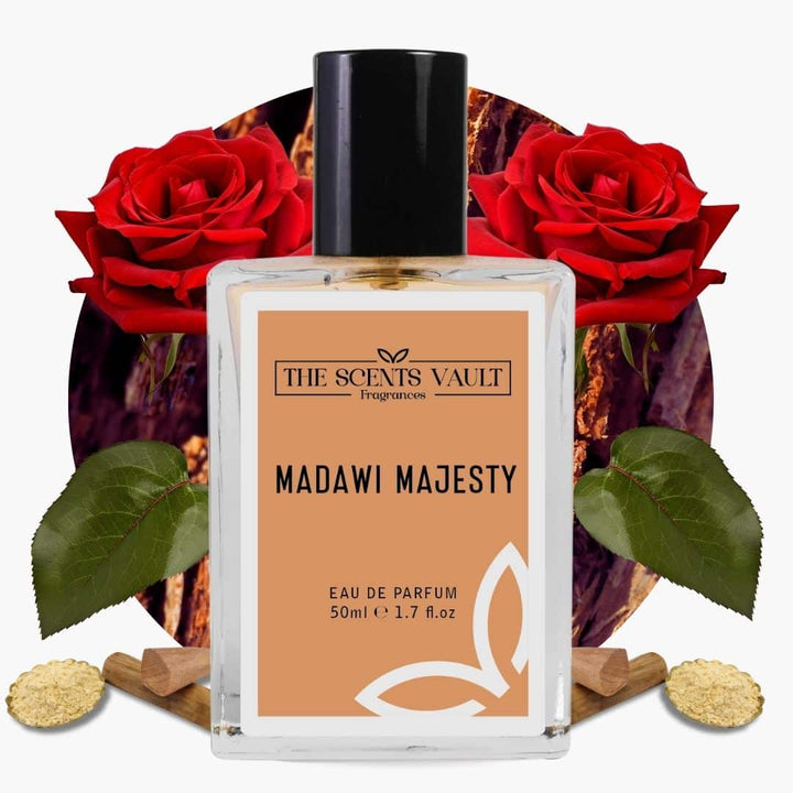 Perfume bottle labeled 'Madawi Majesty' with red roses and wooden elements in the background