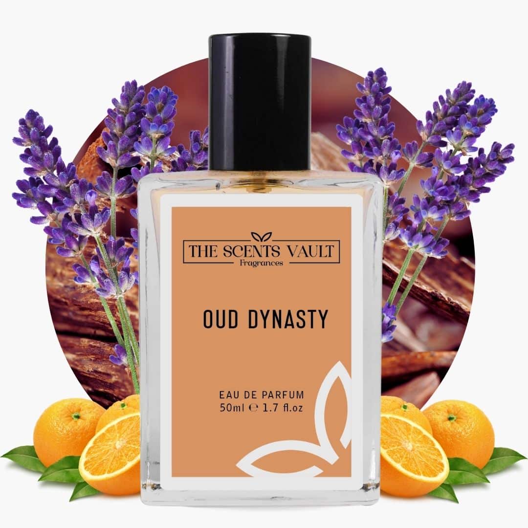 Perfume bottle labeled 'Oud Dynasty' with lavender and oranges in the background