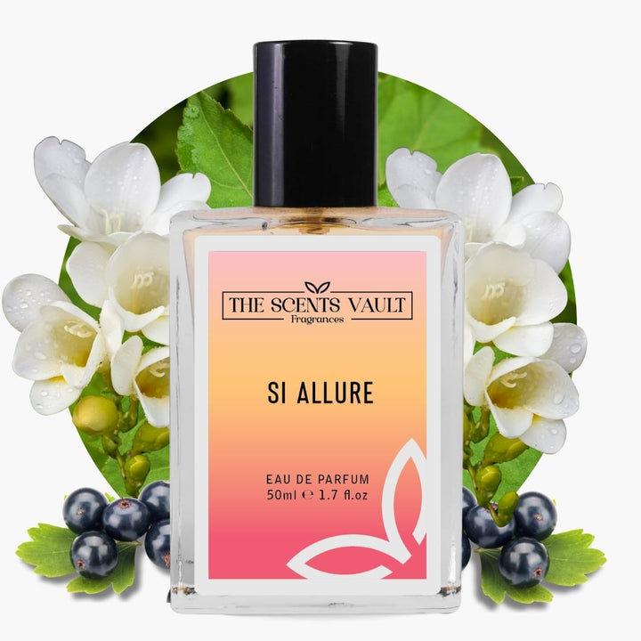 Perfume bottle labeled 'SI ALLURE' by 'The Scents Vault' surrounded by flowers and leaves on a white background