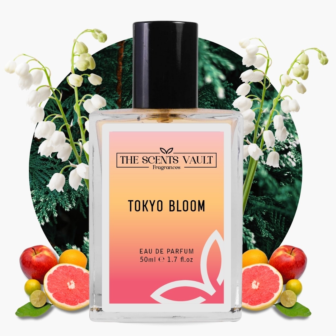 Perfume bottle labeled 'Tokyo Bloom' by The Scents Vault with floral and fruit elements.