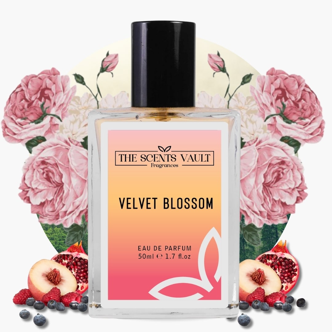 Perfume bottle labeled 'Velvet Blossom' by 'The Scents Vault' with floral and fruit elements on a white background.