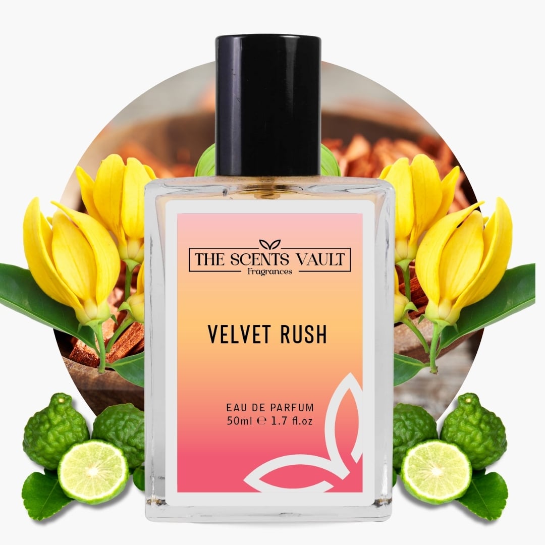 Perfume bottle labeled 'Velvet Rush' by 'The Scents Vault' with yellow flowers and green leaves in the background.