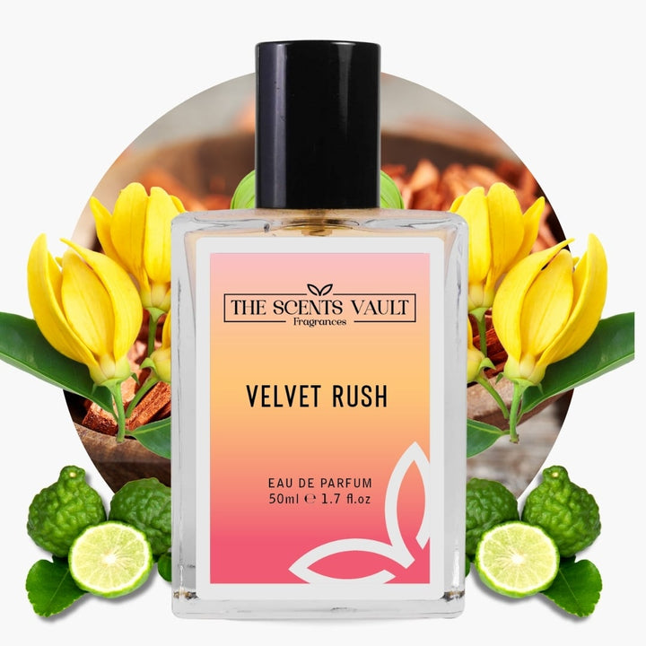 Perfume bottle labeled 'Velvet Rush' by 'The Scents Vault' with yellow flowers and green leaves in the background.